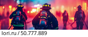 Firefighters battling blaze at night, courageous first responders in action, dramatic scene of emergency response. Стоковое AI-изображение, AI-художник Данила Большаков / Фотобанк Лори