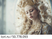 Portrait of a young woman in a luxurious vintage outfit inspired by the Baroque or Renaissance era. Her image is refined and majestic - her light hair is framed by an elegant veil decorated with lace and voluminous flowers of creamy gold color. On her head is a decorative crown with embroidery, and on her neck is a massive necklace with pearls and crystals. The facial expression is thoughtful and dreamy, creating an atmosphere of peace and nobility. The light, defocused back of the image emphasizes the tenderness of the scene. This illustration is ideal for themes of fashion, history, bridal style, fairy tales and classic beauty. Стоковое AI-изображение, AI-художник Анна Кривицкая / Фотобанк Лори