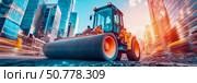 Road Roller Compacting Asphalt in Modern Cityscape at Sunset. Стоковое AI-изображение, AI-художник Данила Большаков / Фотобанк Лори