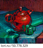 Still life in oil pastel on black background. Red teapot and green cup with blue-green draperies. Стоковое фото, фотограф Дарья Мережина / Фотобанк Лори
