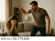 A Disturbing Scene of Conflict: A Man Exhibiting Anger While a Woman Covers Her Face in a Relationship Crisis. Стоковое AI-изображение, AI-художник Башкирова Анна / Фотобанк Лори