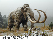 Woolly mammoth walking in snowy landscape during snowfall. Стоковое AI-изображение, AI-художник Иван Рябоконь / Фотобанк Лори