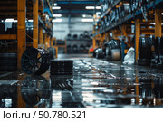New black alloy wheels lying on wet floor in tire warehouse or factory. Стоковое AI-изображение, AI-художник Иван Рябоконь / Фотобанк Лори