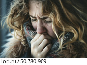 Sick woman coughing and covering her mouth with a scarf. Стоковое AI-изображение, AI-художник Иван Рябоконь / Фотобанк Лори