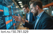 A Business Professional Interacts With a Large Digital Screen Displaying Data Analytics in a Contemporary Office Environment. Стоковое AI-видео, аниматор Sergey Grishin / Фотобанк Лори