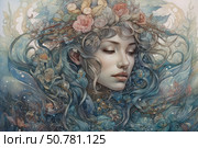 A fantasy watercolor illustration of a woman who embodies the spirit of nature or a water goddess. Her face is surrounded by many detailed flowers, leaves and wavy lines reminiscent of flowing hair, water and vegetation. On her head is a wreath of buds and petals that smoothly flow into the general ornamental background. The color palette consists of soft blue, turquoise, pink and beige shades. The illustration conveys an atmosphere of peace, nature and magic, ideal for themes of fantasy, beauty, femininity and art. Стоковое AI-изображение, AI-художник Анна Кривицкая / Фотобанк Лори
