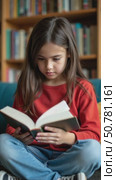 A Girl Sits on a Blue Couch in a Cozy Library, Deeply Engaged in Reading a Book. Стоковое AI-видео, аниматор Sergey Grishin / Фотобанк Лори