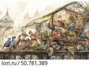 Watercolor illustration with a fantasy plot: colorful birds filled the stalls of an old market pavilion, as if they were its main traders. Instead of people, there are birds sitting on boxes with fruits, vegetables and herbs. The background is tents, towers and roofs of the city in a soft morning fog. The image combines the atmosphere of a fairy tale, coziness and subtle irony. Стоковое AI-изображение, AI-художник Анна Кривицкая / Фотобанк Лори