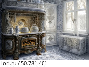 Watercolor illustration of a cozy country kitchen with an antique stove decorated with carved ornament. Painted pots and jugs stand on the stove, the fire in the firebox softly illuminates the space. The interior is dominated by light gray and blue tones, with rich patterned decor on the walls, furniture and floor. Outside the window are bare tree branches and soft daylight. An atmosphere of calm, comfort and nostalgia for old village life. Стоковое AI-изображение, AI-художник Анна Кривицкая / Фотобанк Лори