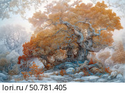 A fabulous illustration of an ancient magical tree with intricately curved trunks and branches covered in bright orange foliage. The atmosphere of an enchanted forest with soft snow cover and vegetation painted in cold blue and warm ochre shades reigns around. The branches of the tree resemble intricate carvings, creating a feeling of a living creature. The picture is filled with magic, a sense of silence and fairy-tale peace - an ideal image for themes related to nature, fantasy, mysticism and winter atmosphere. Стоковое AI-изображение, AI-художник Анна Кривицкая / Фотобанк Лори