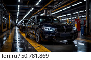 Готовые черные автомобили сходят с конвейера автомобильного завода. Стоковое AI-изображение, AI-художник Наталья Чернова / Фотобанк Лори