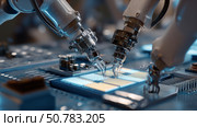 Close-up of High Precision Robot Arms on Automated PCB Assembly Line Inside Modern Electronics Factory. Component Installation. Board. Electronic Devices Production Industry. Manufacturing Automation. Стоковое AI-изображение, AI-художник ALLA YURTAYEVA / Фотобанк Лори