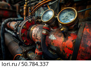 Old industrial machine with pressure gauges showing pressure level. Стоковое AI-изображение, AI-художник Иван Рябоконь / Фотобанк Лори