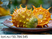 Ripe kiwano fruit resting on rustic plate. Стоковое AI-изображение, AI-художник Иван Рябоконь / Фотобанк Лори
