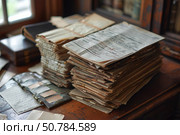 Stacks of old documents piling up on desk in antique office. Стоковое AI-изображение, AI-художник Иван Рябоконь / Фотобанк Лори