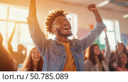 Triumphant Man Celebrating with Enthusiastic Crowd: A Portrait of Joy and Success. Стоковое AI-изображение, AI-художник Данила Большаков / Фотобанк Лори