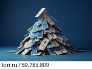 Playing cards forming a precarious pyramid on blue background. Стоковое AI-изображение, AI-художник Иван Рябоконь / Фотобанк Лори
