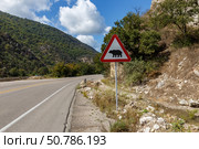 Wildlife caution sign along Gorgan Bojnord road in Golestan National Park Iran. Стоковое фото, фотограф Михаил Пряхин / Фотобанк Лори