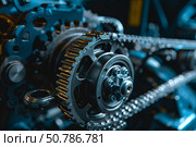 Timing chain rotating and engaging with gears in car engine. Стоковое AI-изображение, AI-художник Иван Рябоконь / Фотобанк Лори