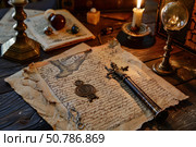 Historian examining ancient documents and mysterious artifacts by candlelight. Стоковое AI-изображение, AI-художник Иван Рябоконь / Фотобанк Лори