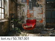 Plants are growing inside a deteriorated abandoned building with a red armchair. Стоковое AI-изображение, AI-художник Иван Рябоконь / Фотобанк Лори