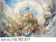 A grandiose Baroque fresco depicting a scene of heavenly ascension with a multitude of angels, warriors, muses and allegorical figures surrounded by clouds and light. The composition is full of movement and drama, built in a spiral that goes up to a shining dome. The image is reminiscent of the ceiling paintings of palaces and cathedrals in Europe in the 18th century. The color scheme is filled with soft blues, golds and pastels, emphasizing the sublimity and grandeur of the scene. Suitable for projects related to art, history, religion, classical interiors and cultural heritage. Стоковое AI-изображение, AI-художник Анна Кривицкая / Фотобанк Лори