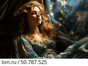 Portrait of a young woman with wavy hair sitting by the window in soft twilight. Her face is illuminated by warm light, her eyes are closed, her expression is calm and peaceful. The woman is dressed in a vintage sky-blue dress with lace, and a curtain decorated with golden stars flutters nearby. The atmosphere of the image resembles a fairy tale or a romantic dream, conveying a sense of peace, dreams and magic. Стоковое AI-изображение, AI-художник Анна Кривицкая / Фотобанк Лори