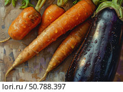 Freshly washed carrots and eggplant resting on textured surface. Стоковое AI-изображение, AI-художник Иван Рябоконь / Фотобанк Лори