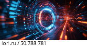 Digital Vortex of Neon Lights and Data Streams Creating a Futuristic Atmosphere at High Velocity. Стоковое AI-изображение, AI-художник Юлия Гапеенко / Фотобанк Лори
