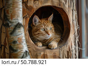 Ginger tabby cat relaxing in wooden cat house. Стоковое AI-изображение, AI-художник Иван Рябоконь / Фотобанк Лори
