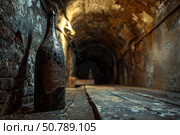 Dusty old wine bottle resting in a cellar, a timeless vintage. Стоковое AI-изображение, AI-художник Иван Рябоконь / Фотобанк Лори