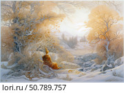 A fairytale winter scene with a meditating figure in orange robes sitting in a snowy forest. The landscape is made in a decorative technique with smooth, ornate lines reminiscent of engraving or carving. The warm golden-orange shades of the trees contrast with the cold whiteness of the snow, creating a feeling of inner warmth and peace. On the horizon, mountains and a pine forest are visible, shrouded in soft light. The image is filled with silence, peace and the spirit of meditative contemplation of nature. Стоковое AI-изображение, AI-художник Анна Кривицкая / Фотобанк Лори