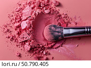 Makeup brush applying crumbled pink blush powder. Стоковое AI-изображение, AI-художник Иван Рябоконь / Фотобанк Лори