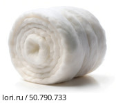 A pristine roll of white cotton wool, showcasing its fluffy, soft texture, suitable for medical or cosmetic use on a clean white background. Стоковое AI-изображение, AI-художник Ольга Игнашина / Фотобанк Лори