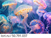 Glowing jellyfish swimming in deep ocean water with bioluminescent colors. Стоковое AI-изображение, AI-художник Иван Рябоконь / Фотобанк Лори