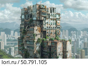 Futuristic dilapidated skyscraper towering over urban skyline. Стоковое AI-изображение, AI-художник Иван Рябоконь / Фотобанк Лори