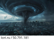Hurricane approaching big city with dark clouds and lightning bolts. Стоковое AI-изображение, AI-художник Иван Рябоконь / Фотобанк Лори