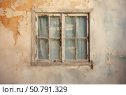 Old wooden window showing peeling paint on a decaying wall. Стоковое AI-изображение, AI-художник Иван Рябоконь / Фотобанк Лори