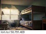 Smoke filling room with bunk bed and messy floor. Стоковое AI-изображение, AI-художник Иван Рябоконь / Фотобанк Лори