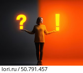 Молодая женщина стоит держа в одной руке вопросительный знак, а в другой — восклицательный, символизирующий принятие решения или неопределённость. Стоковое AI-изображение, AI-художник ArtVladZ / Фотобанк Лори