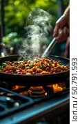 Savory Stew Simmering on a Gas Stove: Aromatic Cuisine Preparation. Стоковое AI-изображение, AI-художник Данила Большаков / Фотобанк Лори