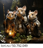 A fairytale image of three anthropomorphic mice dressed in miniature cloaks and mantles. They look like wanderers or explorers, armed with lanterns, staffs and flasks. The composition is made in a warm atmosphere with soft light, creating coziness and a sense of adventure. The characters are on a wooden surface, surrounded by leaves and drops of water, which emphasizes the natural environment and fairytale ambience. The illustration is ideal for children's literature, board games or fantasy themes. Стоковое AI-изображение, AI-художник Анна Кривицкая / Фотобанк Лори