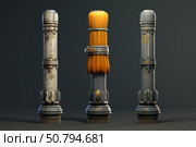 Three futuristic columns with brushes showing different stages of wear and tear. Стоковое AI-изображение, AI-художник Иван Рябоконь / Фотобанк Лори