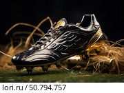Black and gold soccer cleat resting on artificial turf. Стоковое AI-изображение, AI-художник Иван Рябоконь / Фотобанк Лори