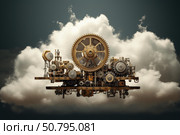 Complex gear mechanism floating on clouds in steampunk style. Стоковое AI-изображение, AI-художник Иван Рябоконь / Фотобанк Лори