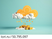 Cloud computing is raining money over a stack of gold bars representing passive income. Стоковое AI-изображение, AI-художник Иван Рябоконь / Фотобанк Лори