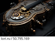Steampunk style guitar showing its intricate mechanism with gears and strings. Стоковое AI-изображение, AI-художник Иван Рябоконь / Фотобанк Лори