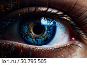 Human eye showing futuristic digital circuit board technology. Стоковое AI-изображение, AI-художник Иван Рябоконь / Фотобанк Лори
