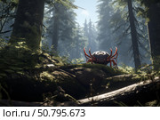 Giant tick lurking in a coniferous forest, a 3d render of lyme disease threat. Стоковое AI-изображение, AI-художник Иван Рябоконь / Фотобанк Лори