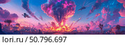 Spectacular Sunset Apocalypse: Futuristic City Under Attack by Aerial Assault. Vivid Pink and Purple Sky, Explosions, Spaceships, and Palm Trees. Стоковое AI-изображение, AI-художник Данила Большаков / Фотобанк Лори